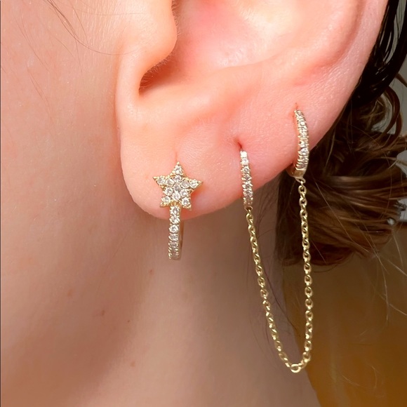 Double Piercing Diamond Huggie with Chain in 14K Yellow Gold - Picture 7 of 8